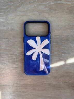Blue Phone Case with Pale Pink Palm Motif - Unbranded